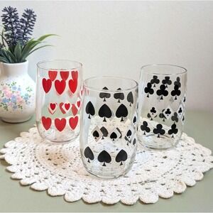 Vintage Playing Card Glasses Set of 3, Hearts Spades Clubs Tumblers, Mid Century